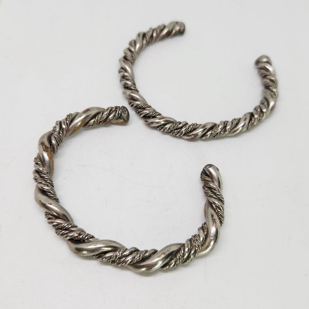 Vintage Chunky Twist Braided Cable Rope Silver Tone Cuff Bracelet Lot Of 2 Heavy